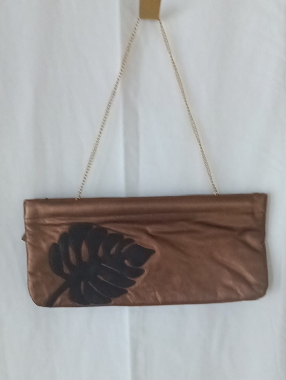 Bronze Metallic Leaf Applique Chain Strap Clutch